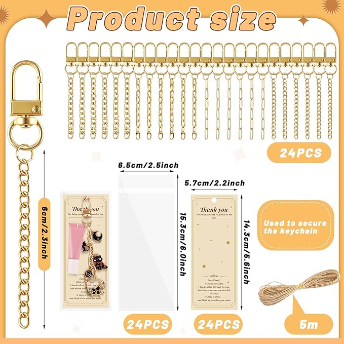 Wurosi 24 Set Lip Gloss Keychain Making Kit, Gold Keychain Clips Hooks with Extender Chain, Cellophane Bags, Thank You Cards, 5M Hemp Rope, for DIY Key Chain Making Crafts, Christmas Gifts