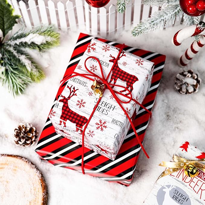 MAYPLUSS Christmas Wrapping Paper Jumbo Rolls with Gridlines - 30IN X 120IN - 4 Roll - Christmas Tree Snowflakes Reindeer Stripe for New Year Holiday Party Kids