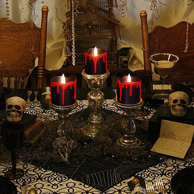 GenSwin Halloween Black LED Votive Candles with Long Lasting CR2450 Batteries, Votive Flameless Flickering Candles Battery Operated with 6H Timer, 6Pcs Real Wax Black and Red Candle for Home Decor