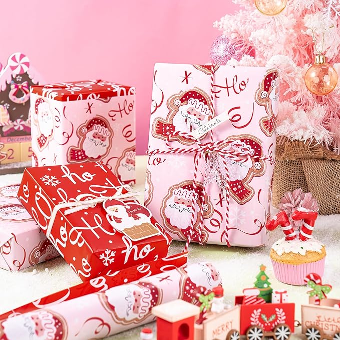 RUSPEPA 30" X 32.8' Reversible Christmas Wrapping Large Paper Roll, Jumbo Roll, Adorable Santa Claus, Ribbon Design, Elegant Red Ho Ho Ho Gift Wrap Paper for Girls, Kids, Family, Xmas Holiday Gifts