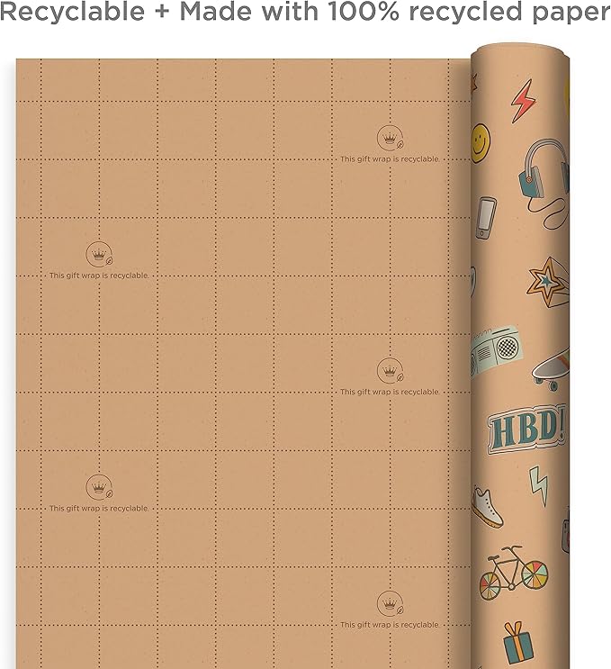 Hallmark Birthday Wrapping Paper, Recyclable Brown Kraft Gift Wrap (3 Rolls: 60 sq. ft. ttl) Kids Birthday, Retro Icons, Roller Skates, Skateboard