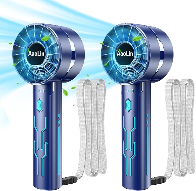 2pcs Portable Handheld Turbo Fan with 7000rpm High-Speed Motor USB Rechargeable Cooling Personal Fan 4-Speed, 4-16H Runtime, with Lanyard for Outdoor Travel, Women, Kids, Summer Gift