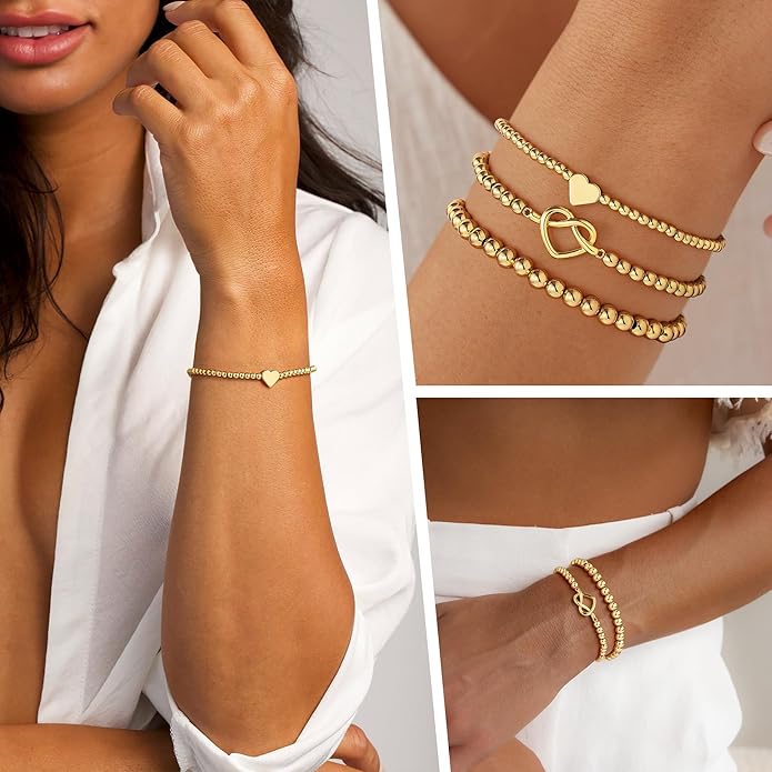 Turandoss Gold Bracelets for Women - Dainty 14K Gold Plated Bow Cross Beaded Bracelets for Women Stackable Heart Bead Bracelet Set Wave CZ Round Ball Bracelet Valentine's Day Gifts for Her
