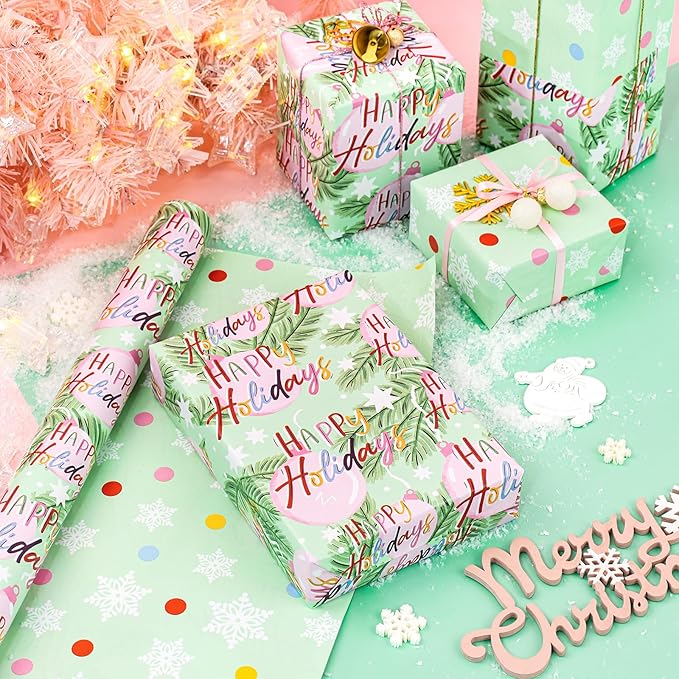 WRAPAHOLIC 30 Inch Jumbo Reversible Christmas Wrapping Paper - 30 Inch x 33 Feet - Happy Holiday Lettering with Christmas Ball Design for Holiday, Party Celebration