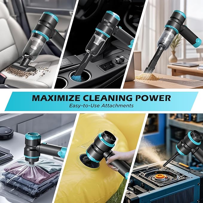 Handheld Car Vacuum with 15000PA Power, 4 in 1 Small Powerful Cordless Vacuum Cleaner & Air Duster with 2000mAh Battery, Rechargeable Portable Mini Hand Held Vacuum for Car, Home,Office,Pet Hair（Blue）
