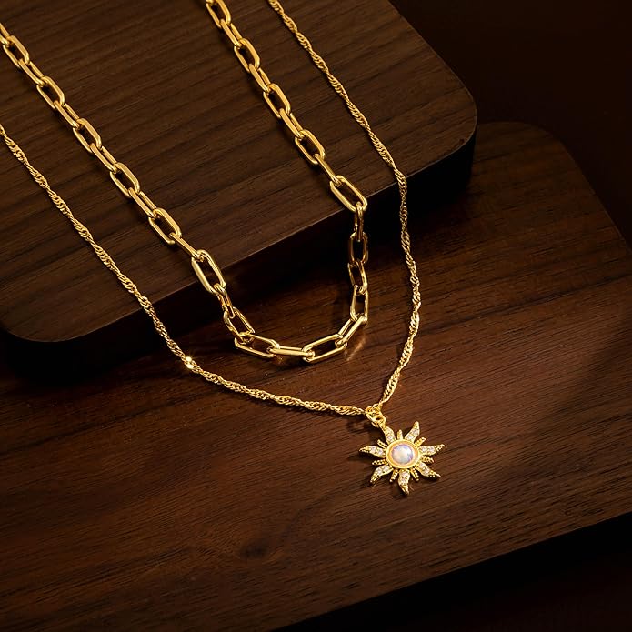 CHESKY Layered Necklaces for Women Trendy, Dainty 14k Gold Plated Pendant Necklace Layering Necklace for Women Non Tarnish Hypoallergenic Sun Gold Necklace Stack Gold Jewelry for Women Gifts
