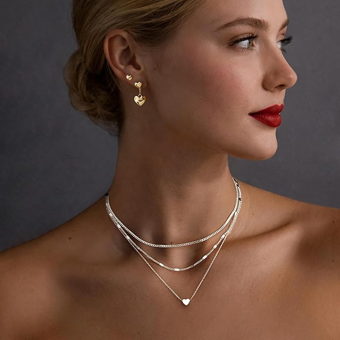 Layered Gold Necklaces for Women, Stackable Dainty 14K Gold Silver Plated Trendy Simple Heart Diamond Cross Bow Circle Pendant Paperclip Choker Dot Chain Necklace,Jewelry Set Gifts for Women