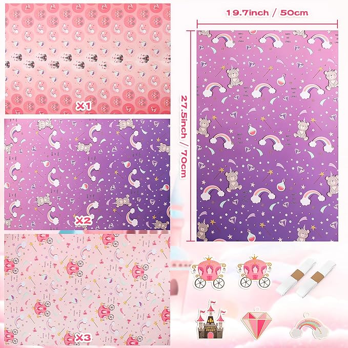 Edunass Wrapping Paper Girls Birthday Wrapping Paper Sheets,Purple Castle Pink Gift Wrapping Paper Set Gift Wrap Birthday Paper(6 Sheets 28" Lx20 W per Sheet)