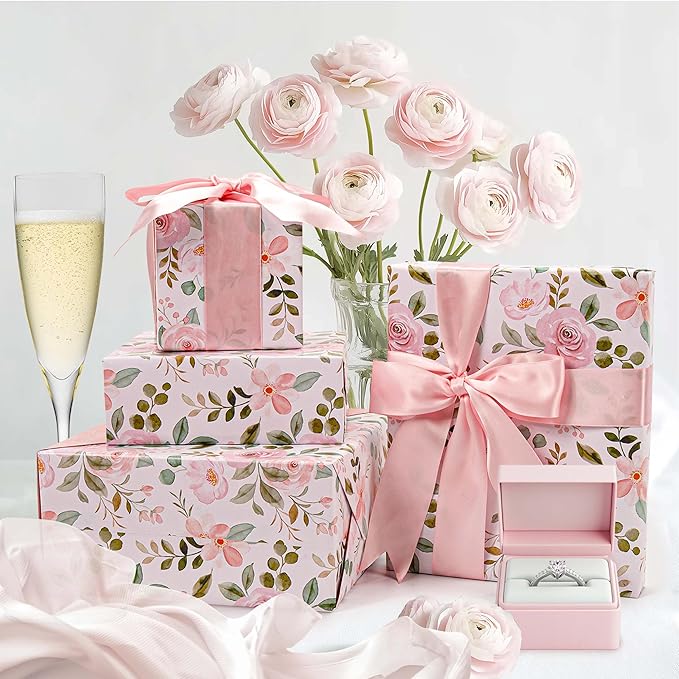 BIOBROWN Reversible Floral Wrapping Paper Roll - 17 Inches X 33 Feet (47 sq. ft. ttl.) Pink Watercolor Roses Design Flower Gift Wrap for Wedding, Bridal Shower, Mother's Day