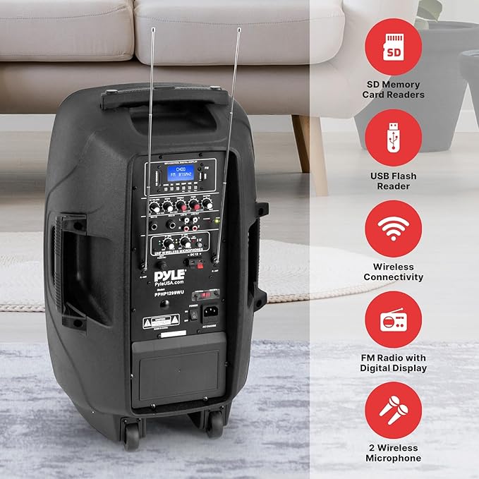 Pyle Wireless Portable PA Speaker, 1000W Bluetooth Loudspeaker, 12” Subwoofer, Dual High-Powered PA System, 2-Way Full Range Audio, Includes Wireless Mic, USB/SD Input, for Outdoor and Event Use