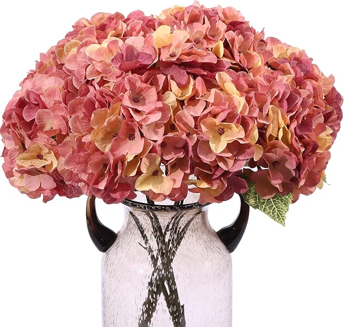 Kimura's Cabin 2Bouquets Fake Hydrangeas Flowers Vintage Artificial Silk Hydrangea Bouquets 10Heads for Home Table Centerpieces Wedding Party Autumn Garden Decoration (Autumn Pink 1 Pack of 2)