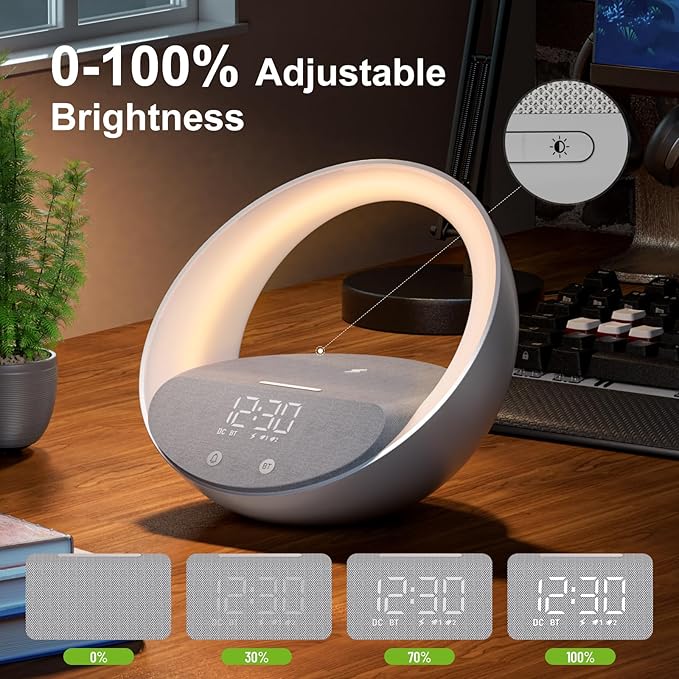 Bluetooth Alarm Clock, Sunrise Simulation Wake Up Night Light, 15W Fast Wireless Charging Alarm Clock for Bedroom, 10W Bluetooth Stereo Sound Speaker, USB Charger Port