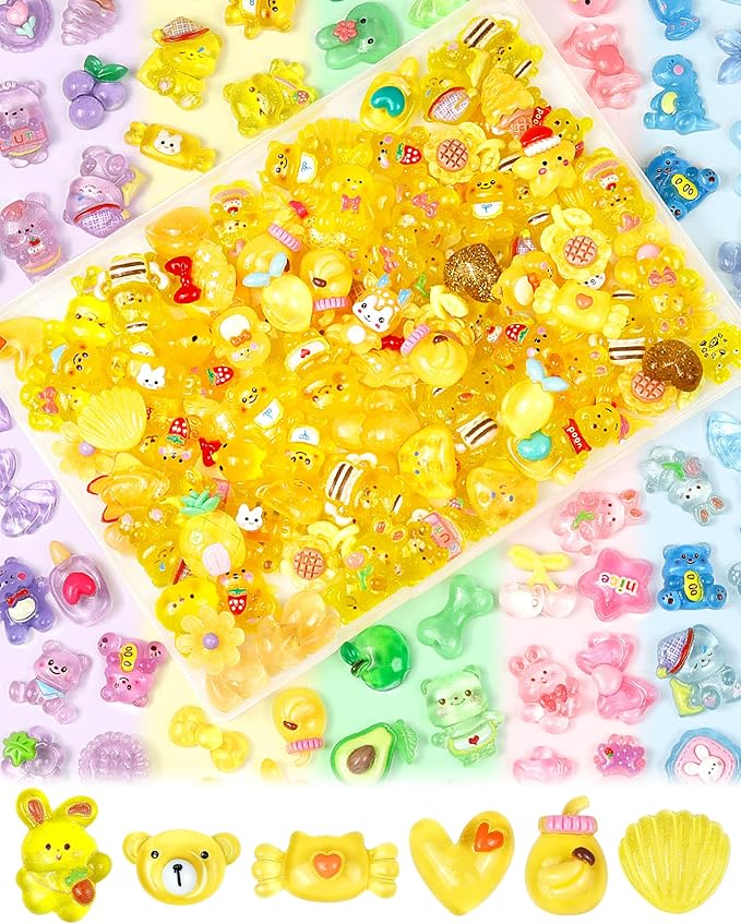 100PCS FIVEIZERO Cute Slime Charms Bulk Set – Kawaii Flatback Resin Charms for Crafts, Mini Decoden Acrylic Embellishments for Phone Junk Cases, Scrapbooking & DIY Decoration (Yellow)