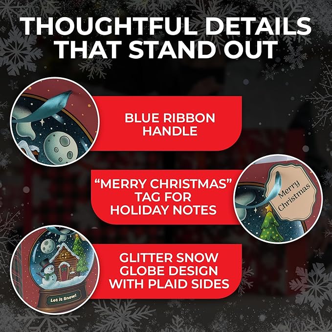 RACHELLE'S Snow Globe Christmas Gift Bags – Large 16"x12"x5" (4-Pack) – Sturdy Paper Gift Bags with Tissue Paper, Tag and Handle – Let It Snow – Perfect for Christmas Holiday Gifting & Party Favors