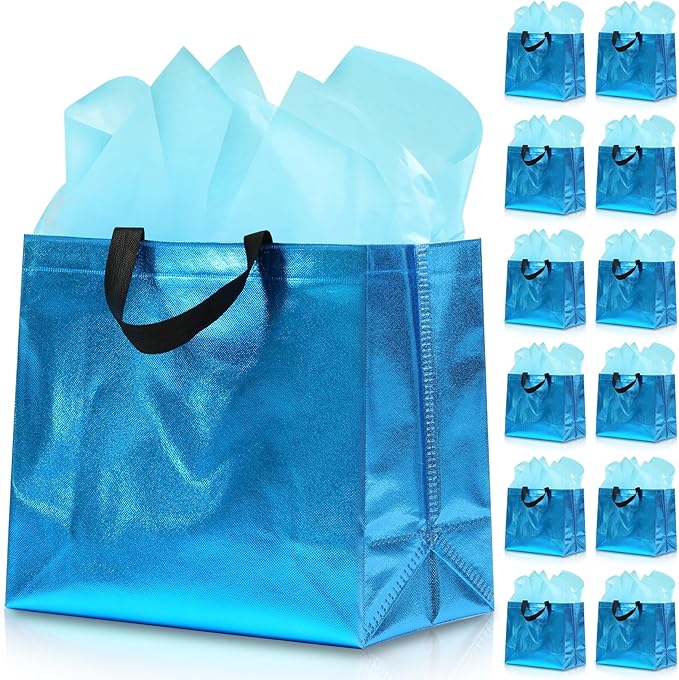 KeerxunBag 12Pcs Reusable Gift Bags（Includes Tissue Paper） Gift bag with handle Birthdays Parties Holidays Weddings Medium 13x5x11in cyan Bags
