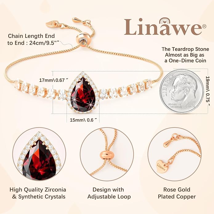 Linawe Crystal Imitation Diamond Rhinestone Charm Bracelets for Women, Gold/Silver/Rose Gold Adjustable Chain Bracelet, Teardrop Birthstone Cubic Zirconia Prom Costume Wedding Jewelry