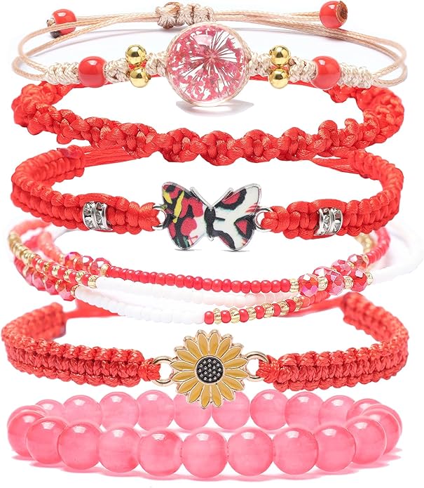 DS 6PCS String beads Charm Bracelets for Teen Girls Handmade Braided Rope Butterfly daisies Eternal flower Boho Surfer Bracelet for women Adjustable friendship Stretch birthday jewelry Gift Friends