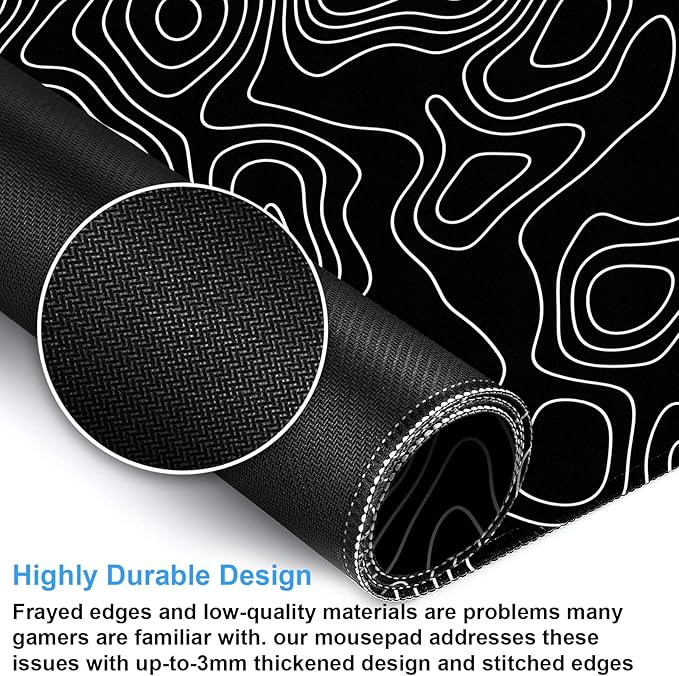 Black and White Topographic Map Gaming Mouse Pad - XXL Extended Desk Mat for Keyboard & Mouse (31.5" x 15.7") with Non-Slip Base & Stitched Edges - Washable Surface for Computer or Gaming Desk