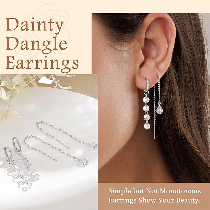 Dangle Earrings For Women Trendy 14K Gold Plated Drop Silver Long Dangling Dainty CZ Simple Hanging Jewelry