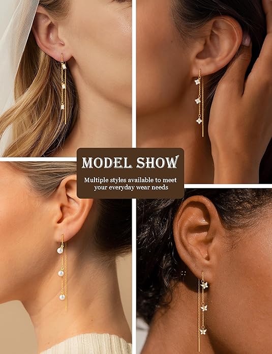 Gold Silver Dangle Earrings for Women Trendy 14K Gold Plated Drop Long Threader Chain Dangling Earring Hypoallergenic Pearl Butterfly Flower Clover CZ Wedding Earrings for Brides Jewelry Gifts