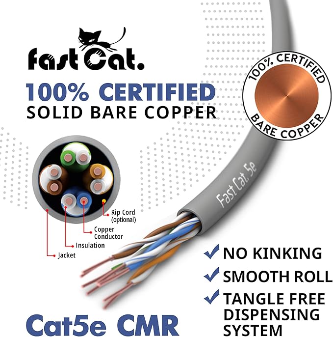 fast Cat. Cat5e Ethernet Cable 1000ft - 24 AWG, CMR, Insulated Bare Copper Wire Cat 5 ethernet Cable with FastReel - 350MHZ / Gigabit Speed UTP Cable Cat5e - CMR (Purple)