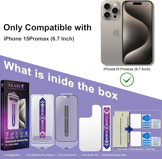 2 Pack Matte Screen Protector for iPhone 15 Pro Max, 9H Tempered Glass, Full Coverage, Anti-Fingerprint, Auto Dust-Elimination, No Bubble, Easy Installation