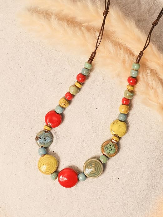 MINACHI Boho Hippie Round Ceramic Beads Strand Necklace, Vintage Bohemian Summer Beach Jewelry Gift for Women