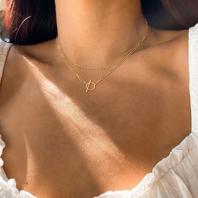 CHESKY Layered Necklaces for Women, 14K Gold Plated Chain Necklace Women Trendy Cuban Link Paperclip Chain Toggle Clasp Necklace Fashion Chunky Jewelry for Women