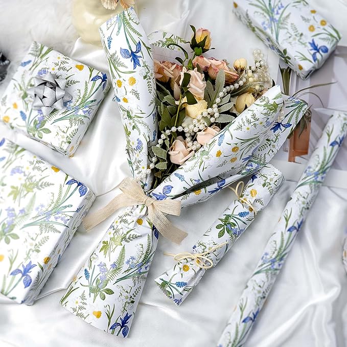 MAYPLUSS Floral Wrapping Paper Roll for Girl- 17 Inch X 33 Feet - Elegant Wild Flower Gift Wrap Paper for Bridal Shower, Wedding, Engagement, Birthdays