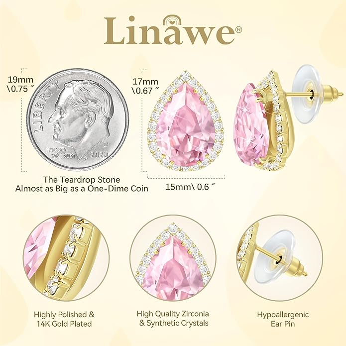 Linawe Women Stud Earrings, Teardrop Diamond Moissanite Cubic Zirconia Earrings Studs Rhinestone Jewelry Gold/Silver/Rose Gold
