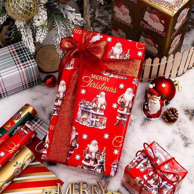 MAYPLUSS Reversible Christmas Wrapping Paper Rolls - 17" X 120" Per Roll - Classic Vintage Funky Red Santa Claus Wrap Present Paper for Festive Celebrations