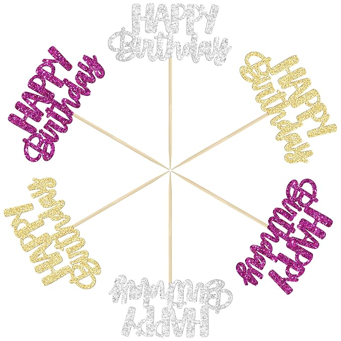Gyufise 24Pcs Happy Birthday Cupcake Toppers Glitter Birthday Cupcake Food Picks for Celebrating Hunter Theme Party Cake Decorations Supplies Purple Gold Silver