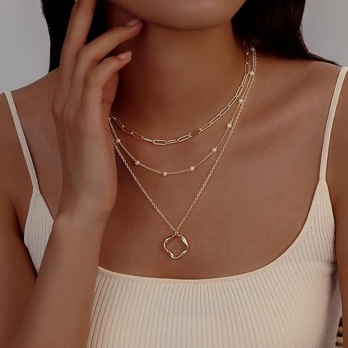 Evabelle Gold Layered Necklace for Women Trendy Jewelry 14K Real Gold Plated Chunky Chain Stackable Necklaces Dainty Choker Necklaces Rectangle Square Pendant