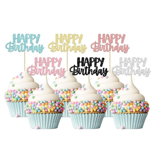 Gyufise 24Pcs Happy Birthday Cupcake Toppers Glitter Birthday Cupcake Food Picks for Celebrating Happy Birthday Party Cake Decorations Supplies Six Colors
