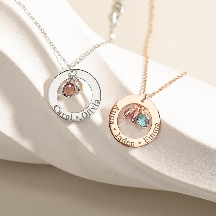 Birthstone Necklace for Mom Jewelry for Women Grandma Necklace Personalized Mothers Day gifs Necklace with 2 Children Kids Names -CIR-BSN