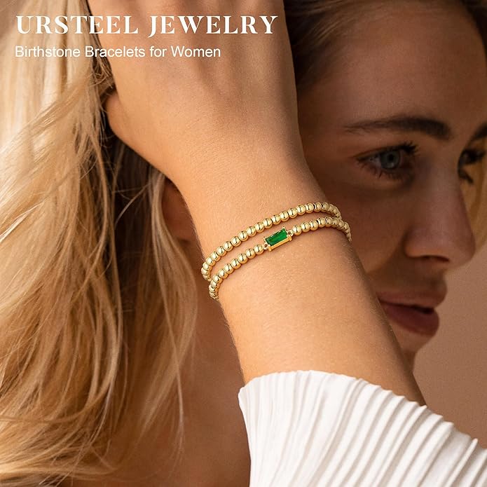 Ursteel Valentines Gifts for Her Kids Girls, Elastic Birthstone Bracelet for Women 14K-Gold-Plated Beaded Bracelet Non Tarnish Trendy Birthstone Jewelry Birthday Gifts for Women