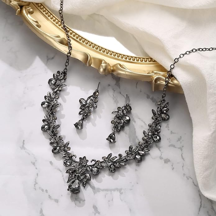 BriLove Women's Wedding Jewelery Set Leaf Flower Crystal Teardrop Marquise Cluster Pendant Necklace Dangle Earrings for Bridal Party