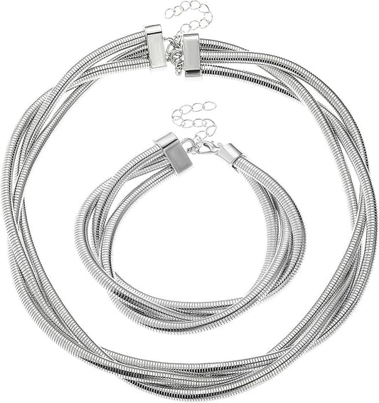 YBMYCM Chunky Gold-plated Silver Jewelry Set Multi Strands Stainless Steel Choker Necklace Bracelet Set for Women