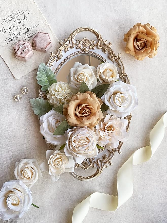 Roses Artificial Flowers Nude Bouquet Box Set for DIY Wedding Centerpieces for Table Bridal Baby Shower Decorations Party Home Decor Indoor Outdoor Faux Silk Floral Arrangements