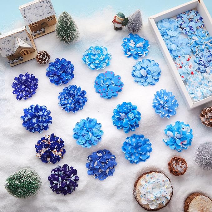 Lyrow 100 Pcs Winter Dog Collar Flowers Bulk Dog Charms Grooming Accessories Blue Bow Tie Flower for Puppy Cat Pets Collar Attachment Embellishment Winter Party Costume