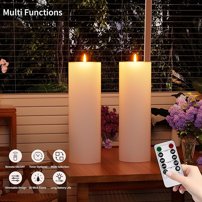 12" x 4" Large Outdoor Candles with Timer Waterproof Flickering LED Flameless Candles Battery Operated with Remote Fake Pillar Candles Realistic for Patio Porch Lanterns, White 2 Pack