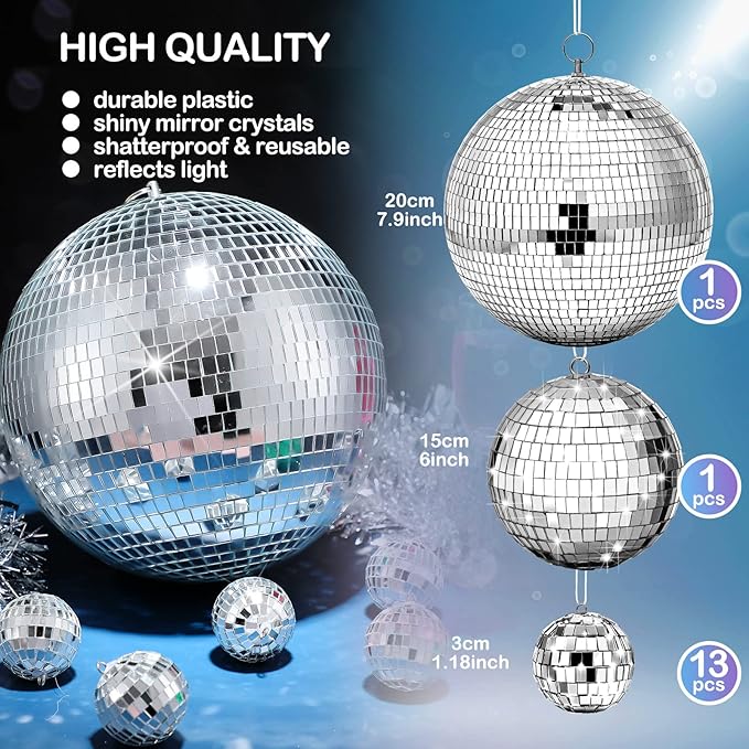 17 Pcs Disco Ball Decorations Assorted Size Disco Ball Ornaments, Mini Large Hanging Party Favors for Christmas New Year Weddings Decor Festival Stage Prop(8, 6, 1.2 Inch)
