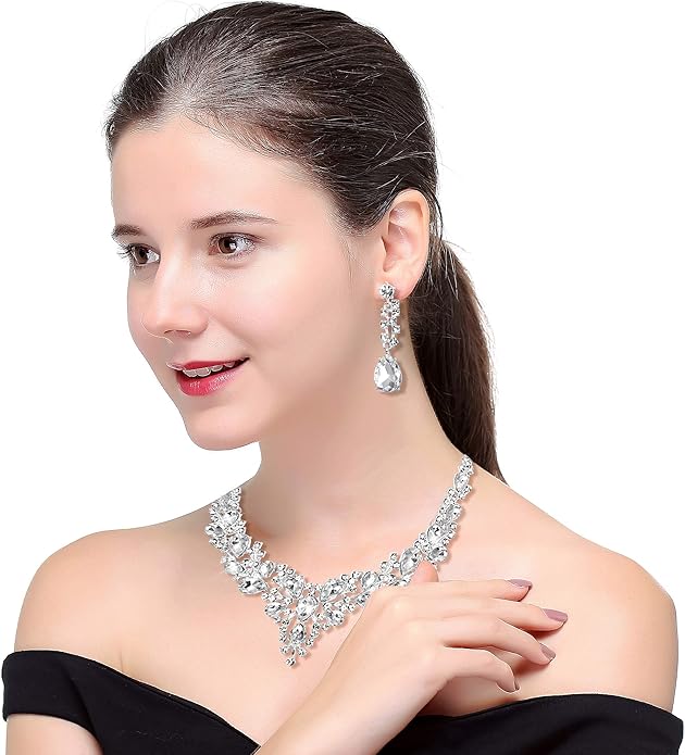 LOYALLOOK Crystal Bridal Jewelry Set for Women Rhinestone Necklace Earrings Bracelet Wedding Bridesmaid Gifts fit with Wedding Dress