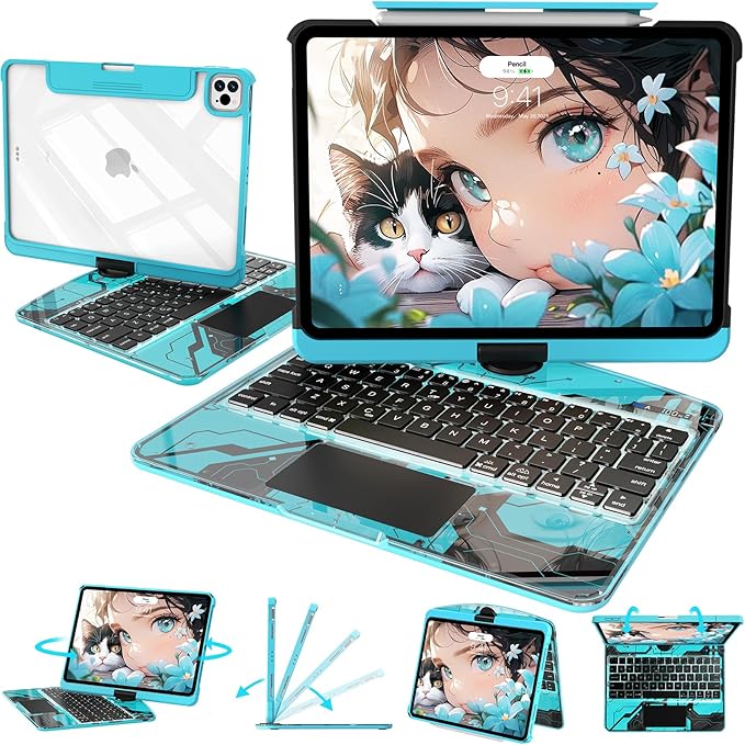 Intermerge Clear Keyboard Case for iPad Pro 13" (M4) 2024 Only, 360° Swivel Multi-Touch Trackpad, 7-Color RGB Backlit, Pencil Holder, Type-C, Power Indicator, Aqua Pulse