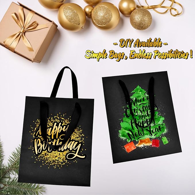 Black Gift Bags With Handles, 8x5x10 Inch Sturdy Kraft Paper Gift Bags 50 Pcs, Bulk for Wedding, Party, Birthday, Business and Shopping, Medium Size