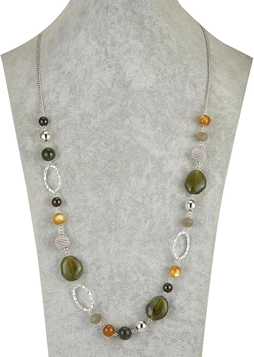 BULINLIN Beaded Long Necklace for Women Silver Sweater Chain Necklace with Crystal Resin Beads, Fashion Jewelry Necklace