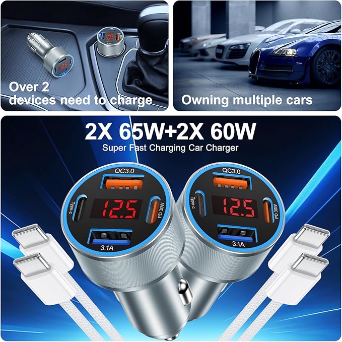 iPhone Fast Car Charger, 65W 4-Port USB C Car Phone Charger Adapter with 2x6FT USB C Cable, Multi Port Cigarette Lighter USB Charger with Voltage Display for iPhone 16 15 Pro Max,iPad,Samsung, Android