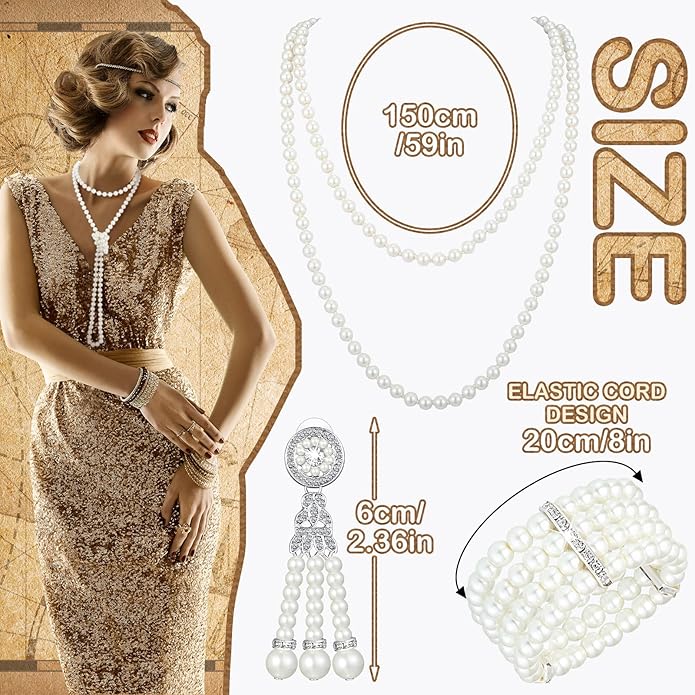 Maitys 3 Pcs 1920s Pearl Jewelry Set Includes Vintage Flapper Earrings Multilayer Imitation Pearl Necklace Bracelet for Women