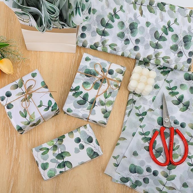100 Sheets Eucalyptus Gift Wrapping Tissue Paper Recyclable Greenery Botanical Packaging Bag for Wedding Birthday Showers Art Craft Party Favor Decoration