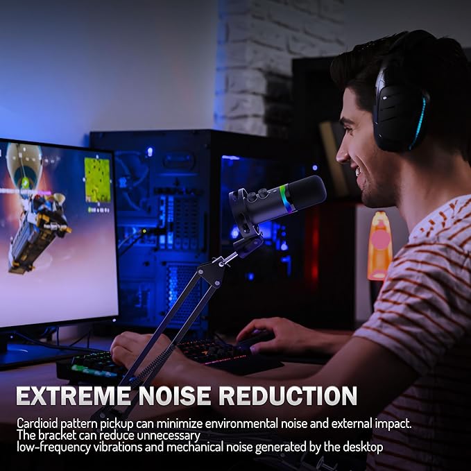 JUOPIEA XLR/USB Gaming Microphone Kit, Dynamic Mic for Podcasting Streaming, PC Microphone with Boom Arm Stand, RGB Light, Mute Button and Headphone Jack, for Recording, Vocal, Voice-Over